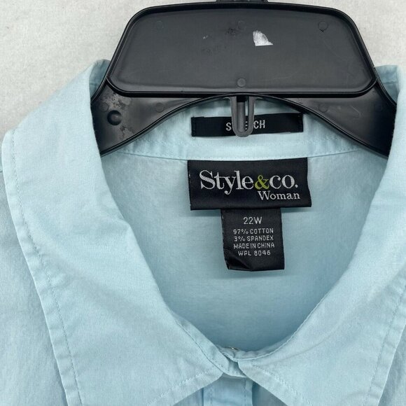 Style & Co Shirt Women's 22W Light Blue Collared 3/4 Sleeves Snap Button Stretch - Picture 9 of 10